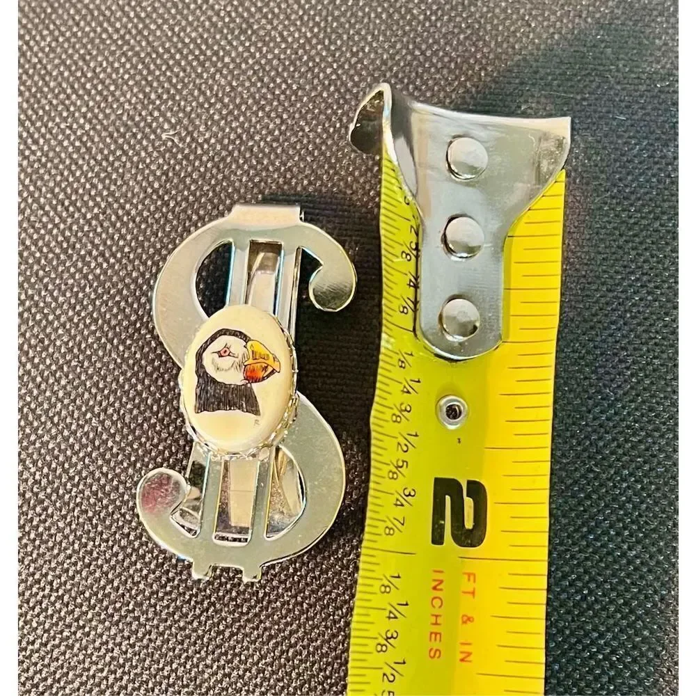 Vintage Dollar Sign $ Money Clip W Bird/Penguin Pendant Silver-Tone Stainless